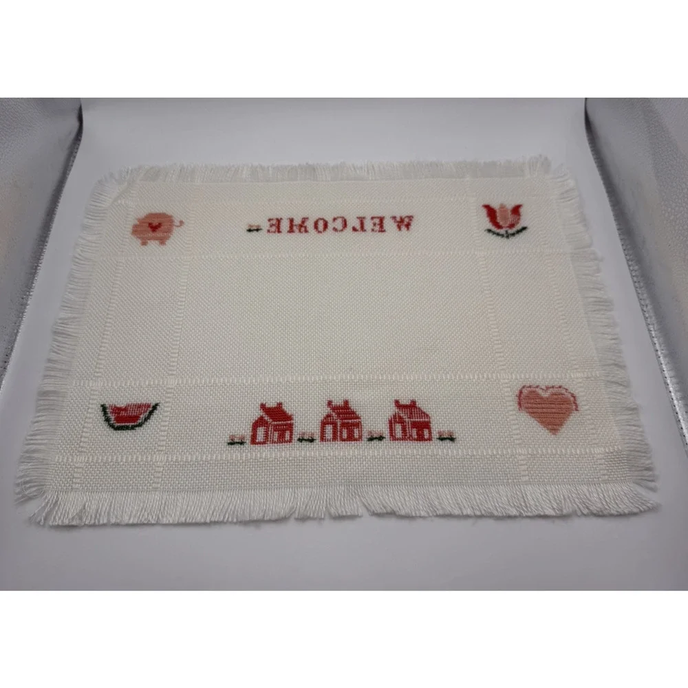 Cottage Farmhouse Cross Stitch Placemats Set of 3 White w/Pink Accents 17x12